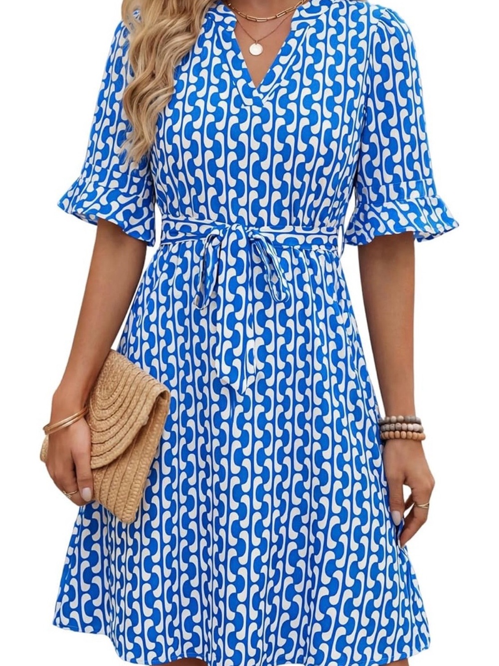 Ourin Women’s Summer Dress with Ruffled Sleeves V Neck MIDI